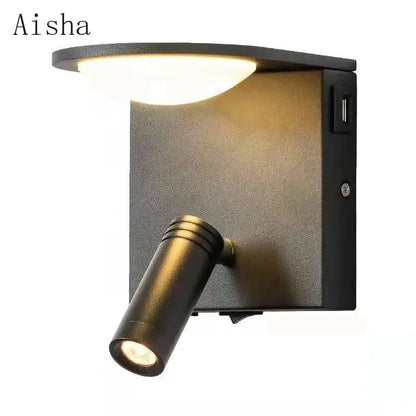Modern black led rotary square wall lamp with usb for bedroom