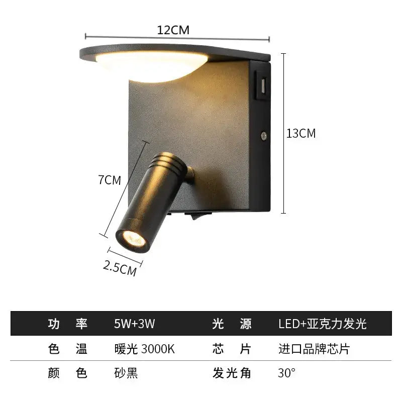Modern black led rotary square wall lamp with usb for bedroom