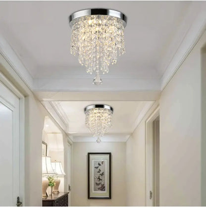 Crystal chrome led round ceiling light corridor droplet chandelier