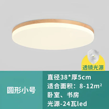 Modern wood rim round ceiling light warm yellow bedroom glow