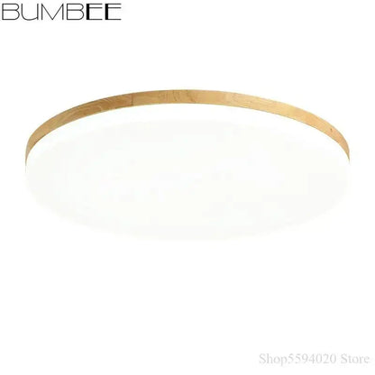 Modern wood rim round ceiling light warm yellow bedroom glow