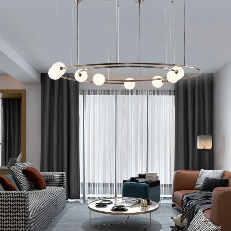 Modern brass and frosted glass led round chandelier living room light