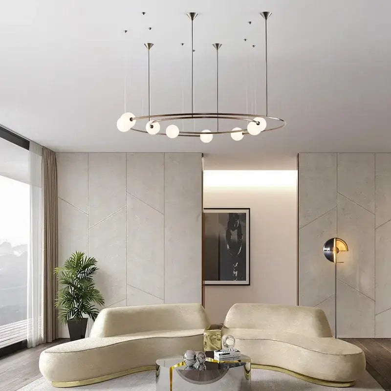 Modern brass and frosted glass led round chandelier living room light