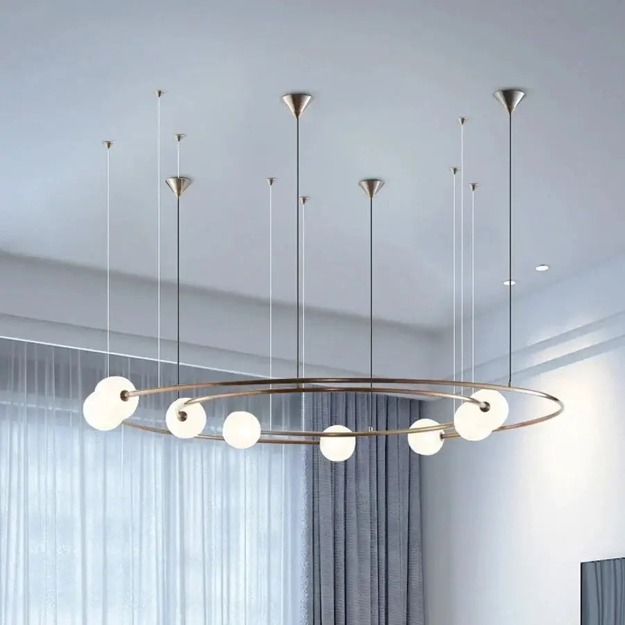 Modern brass and frosted glass led round chandelier living room light