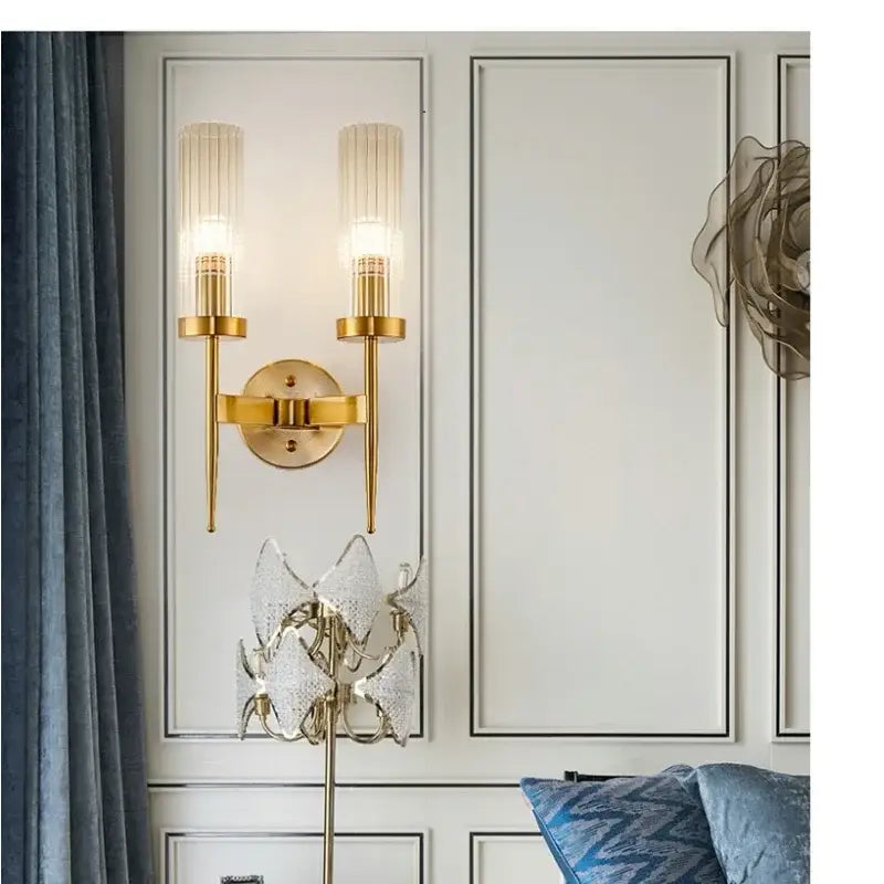 Modern gold ridged glass led sconce light for bedroom