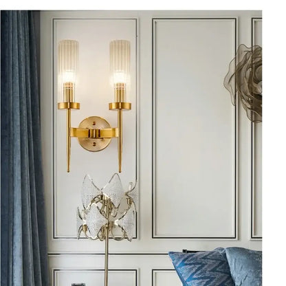 Modern gold ridged glass led sconce light for bedroom