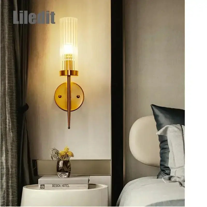 Modern gold ridged glass led sconce light for bedroom