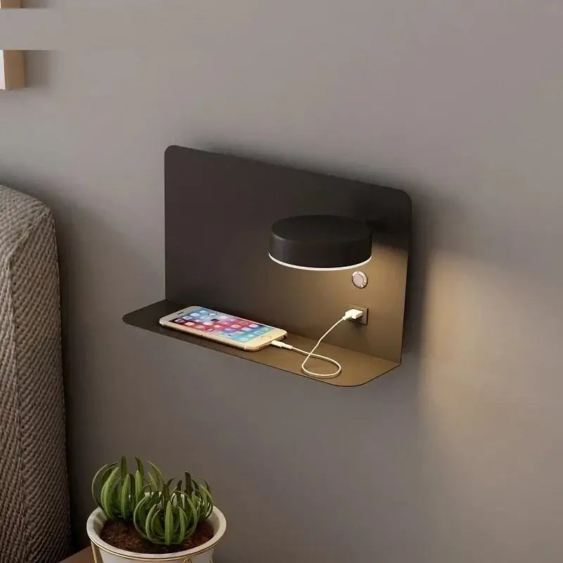 Modern matte black led shelf wall lamp bedroom usb charging port