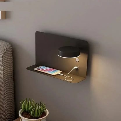 Modern matte black led shelf wall lamp bedroom usb charging port