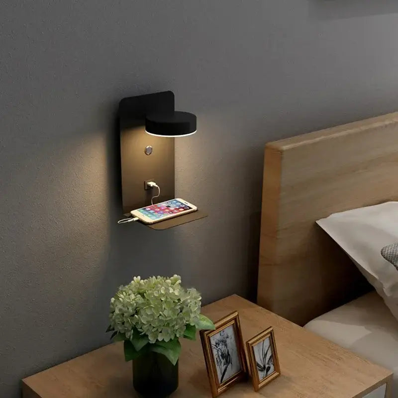 Modern matte black led shelf wall lamp bedroom usb charging port
