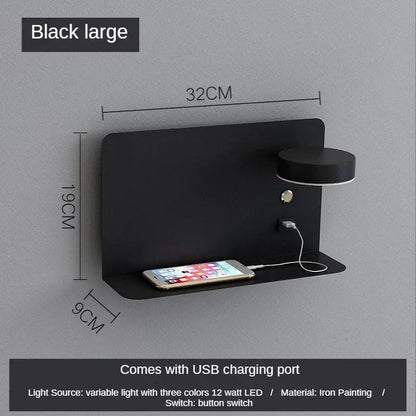 Modern matte black led shelf wall lamp bedroom usb charging port