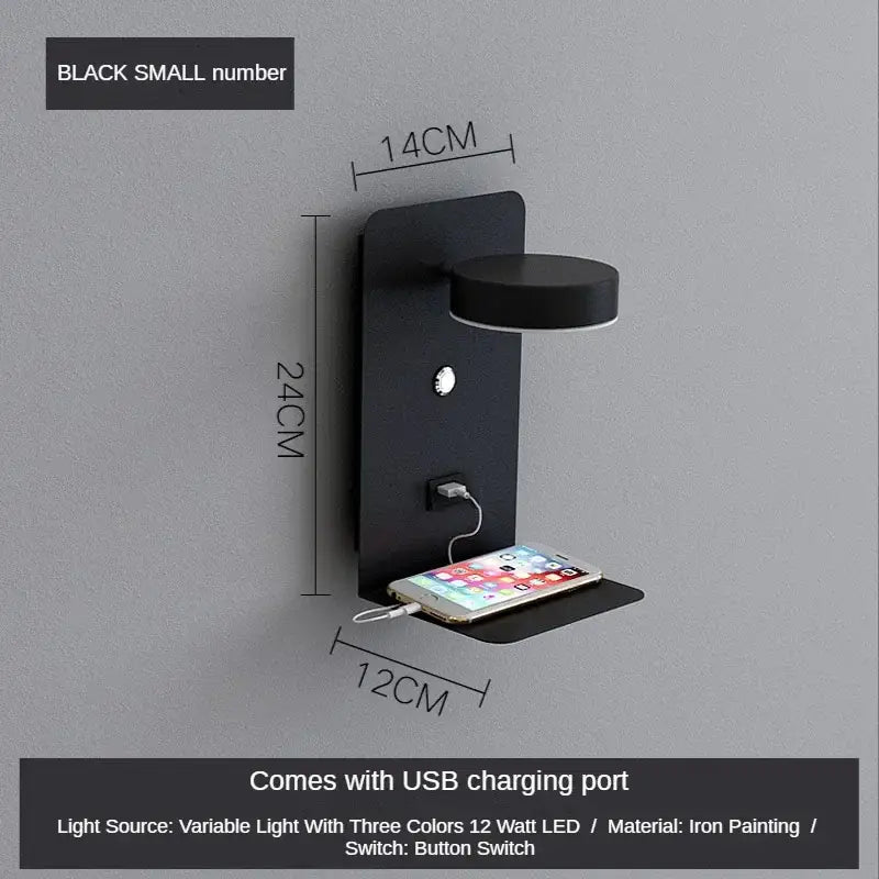 Modern matte black led shelf wall lamp bedroom usb charging port