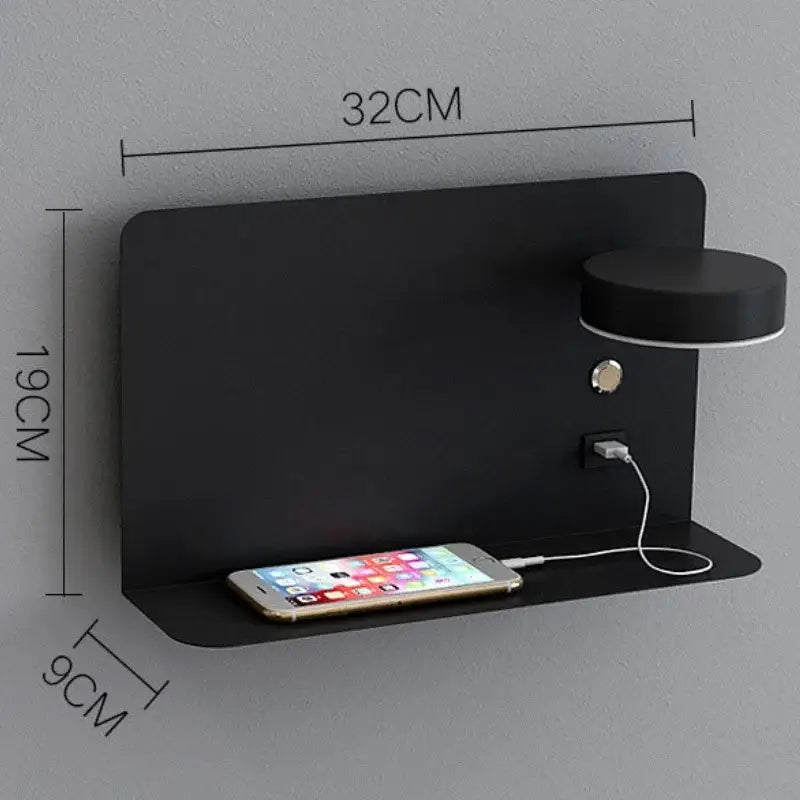 Modern matte black led shelf wall lamp bedroom usb charging port