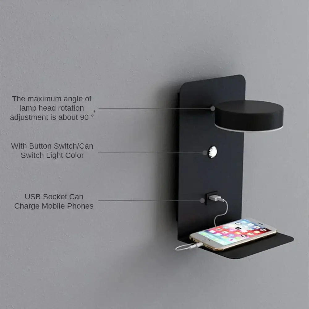 Modern matte black led shelf wall lamp bedroom usb charging port