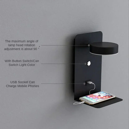 Modern matte black led shelf wall lamp bedroom usb charging port