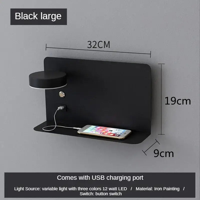 Modern matte black led shelf wall lamp bedroom usb charging port