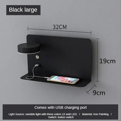 Modern matte black led shelf wall lamp bedroom usb charging port