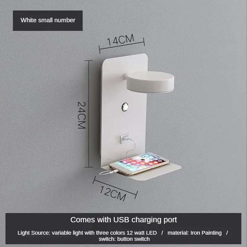 Modern matte black led shelf wall lamp bedroom usb charging port