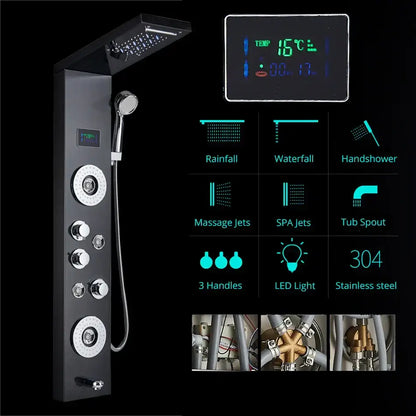 Modern black & chrome led shower panel bathroom massage system