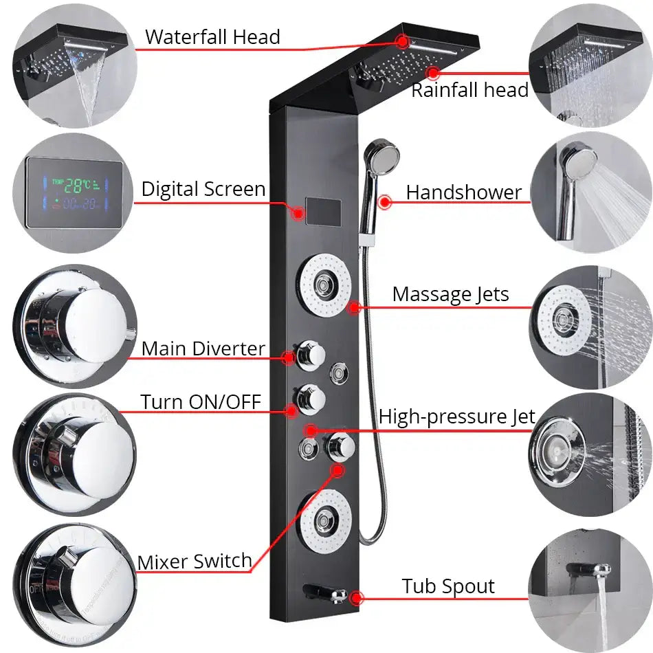 Modern black & chrome led shower panel bathroom massage system
