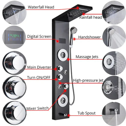 Modern black & chrome led shower panel bathroom massage system