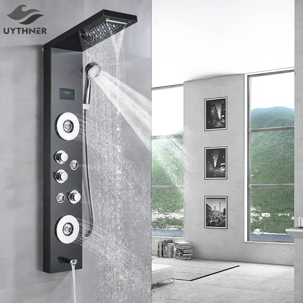Modern black & chrome led shower panel bathroom massage system