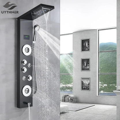 Modern black & chrome led shower panel bathroom massage system
