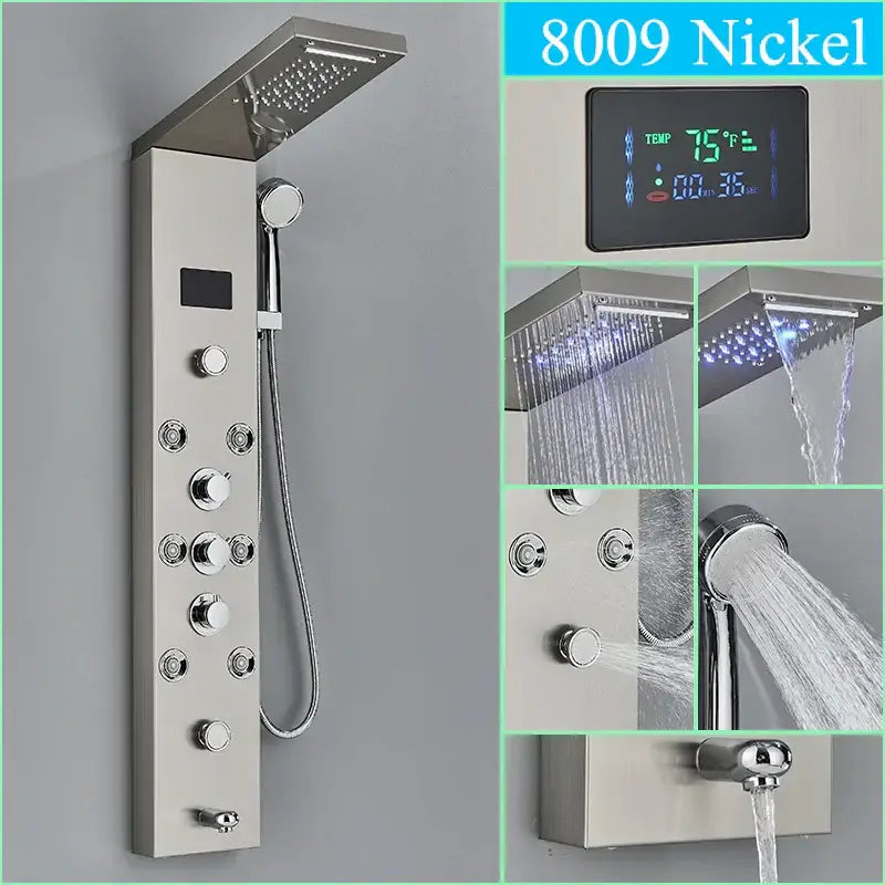 Modern chrome led shower panel with rainfall head for bathroom