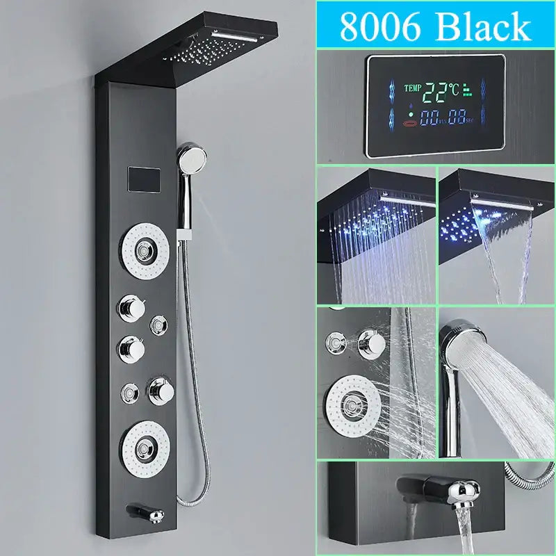 Modern chrome led shower panel with rainfall head for bathroom