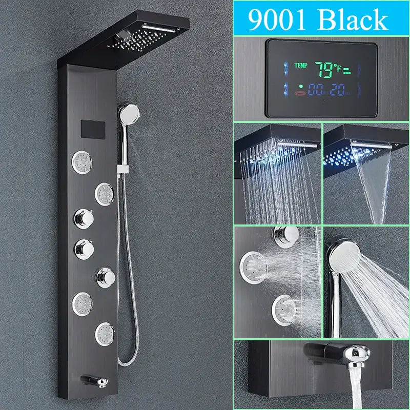 Modern chrome led shower panel with rainfall head for bathroom
