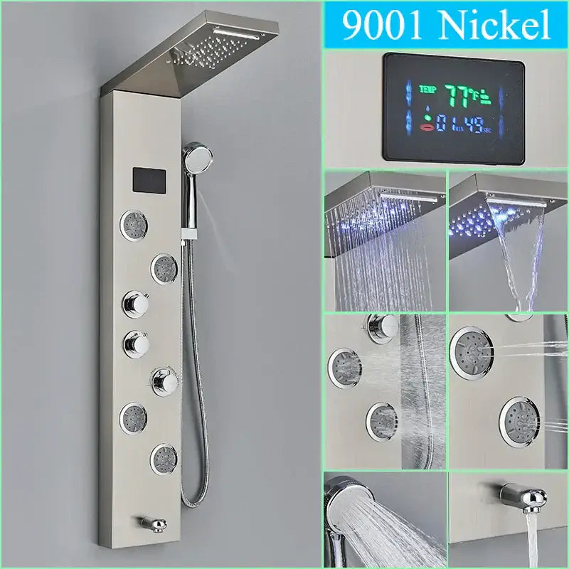 Modern chrome led shower panel with rainfall head for bathroom