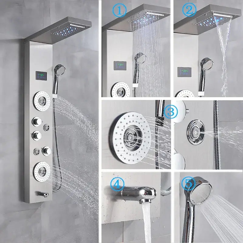 Modern chrome led shower panel with rainfall head for bathroom