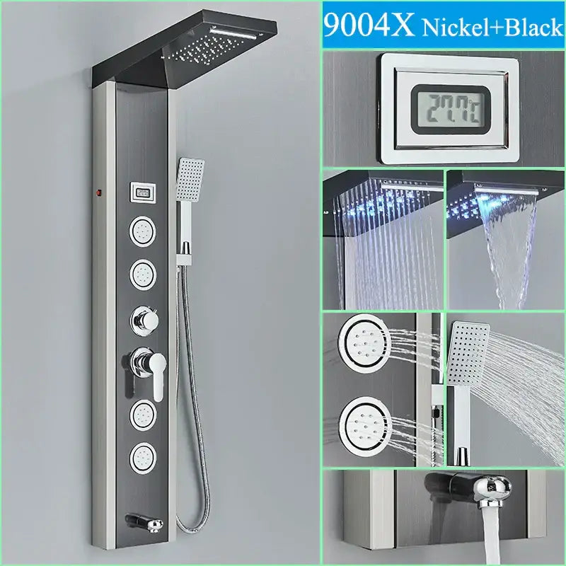 Black led shower panel tower with rainhead for bathroom massage spa