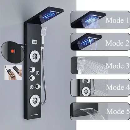 Black led shower panel tower with rainhead for bathroom massage spa