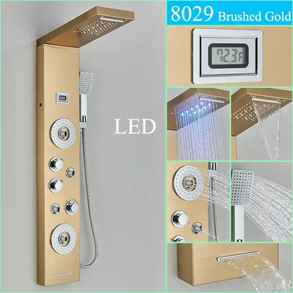 Black led shower panel tower with rainhead for bathroom massage spa