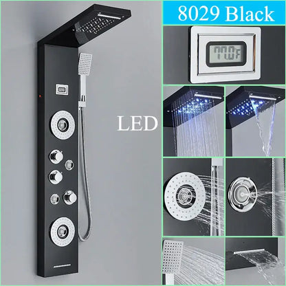 Black led shower panel tower with rainhead for bathroom massage spa