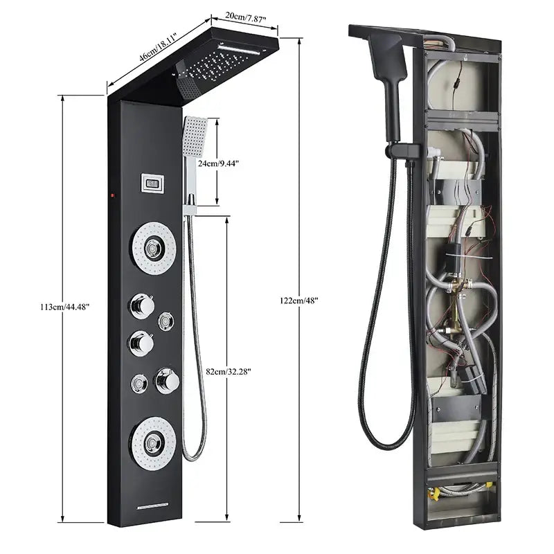 Black led shower panel tower with rainhead for bathroom massage spa