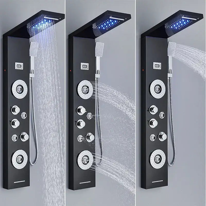 Black led shower panel tower with rainhead for bathroom massage spa