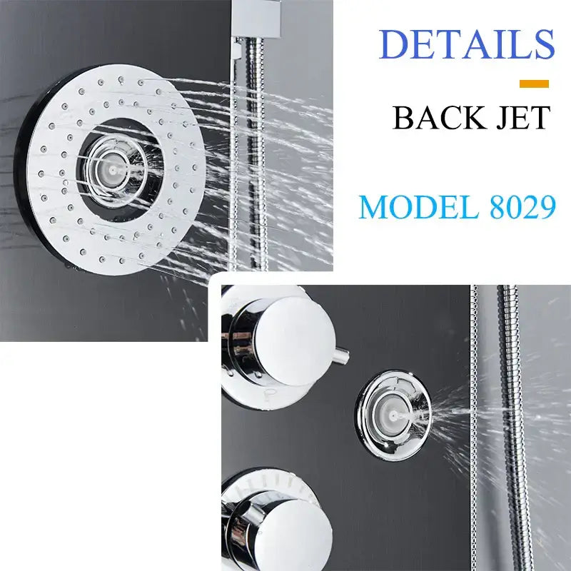 Black led shower panel tower with rainhead for bathroom massage spa