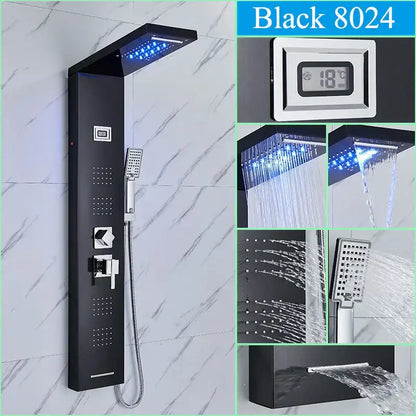 Black led shower panel tower with rainhead for bathroom massage spa