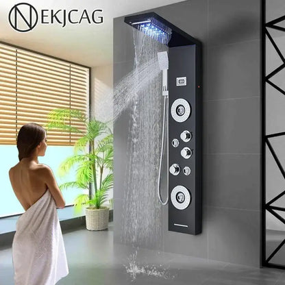 Black led shower panel tower with rainhead for bathroom massage spa