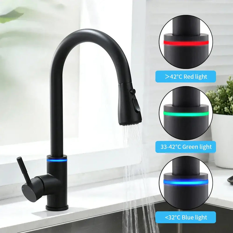 Matte black led single hole kitchen faucet with temperature sensor