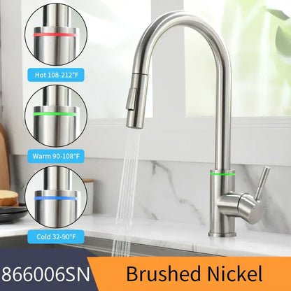 Matte black led single hole kitchen faucet with temperature sensor