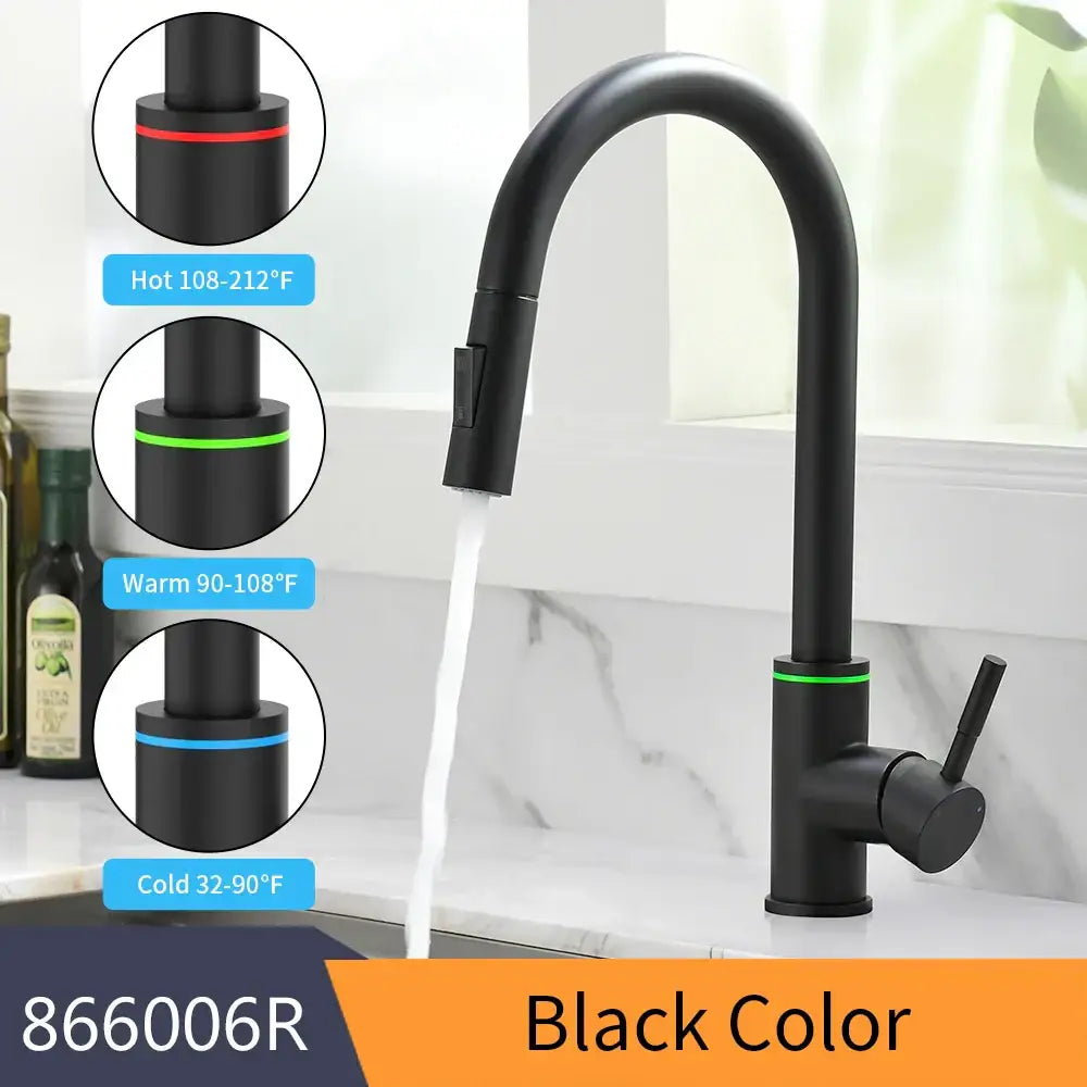 Matte black led single hole kitchen faucet with temperature sensor