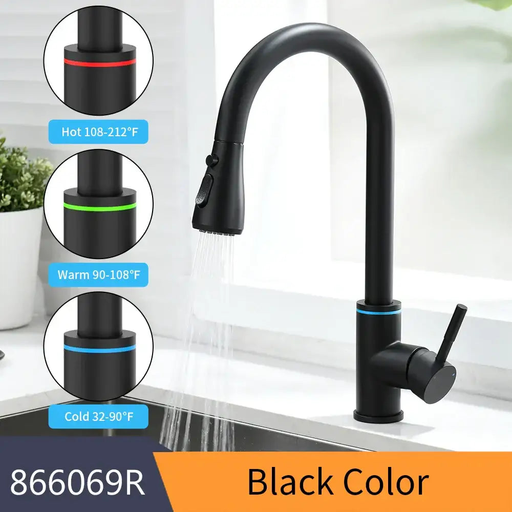 Matte black led single hole kitchen faucet with temperature sensor