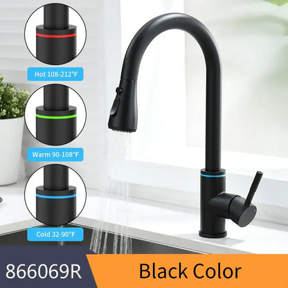 Matte black led single hole kitchen faucet with temperature sensor