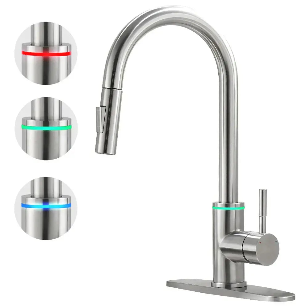Matte black led single hole kitchen faucet with temperature sensor