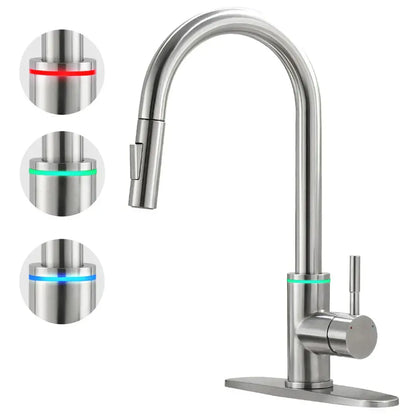 Matte black led single hole kitchen faucet with temperature sensor