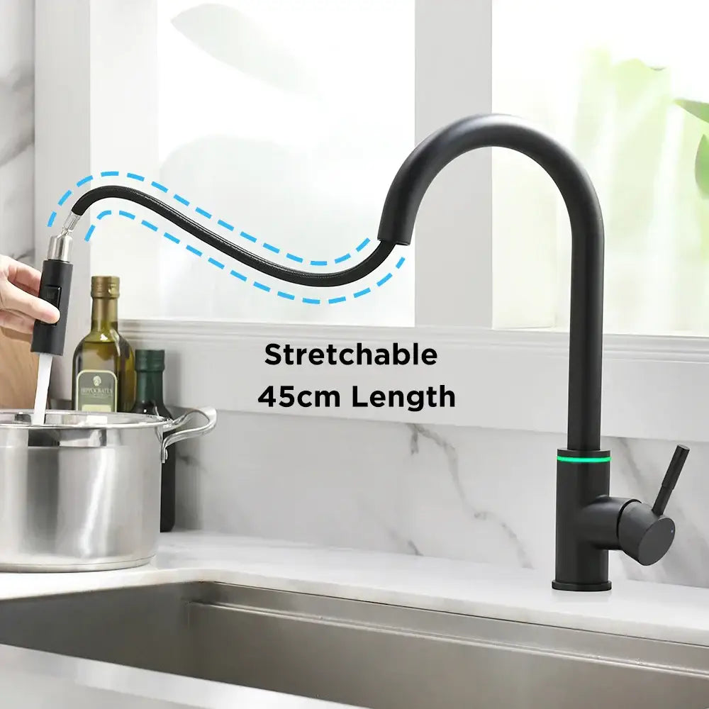 Matte black led single hole kitchen faucet with temperature sensor