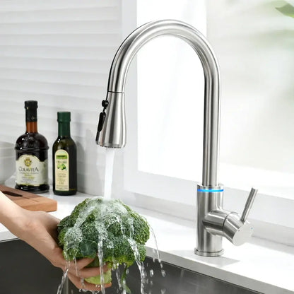 Matte black led single hole kitchen faucet with temperature sensor